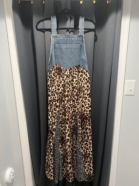 Leopard Print Maxi Overall Dress with Denim Bib